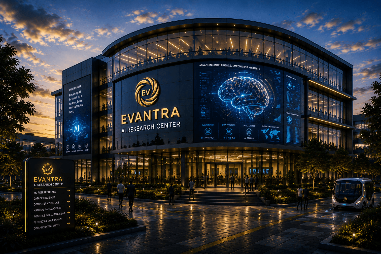 Evantra AI Research Center connected to the Headquarters.